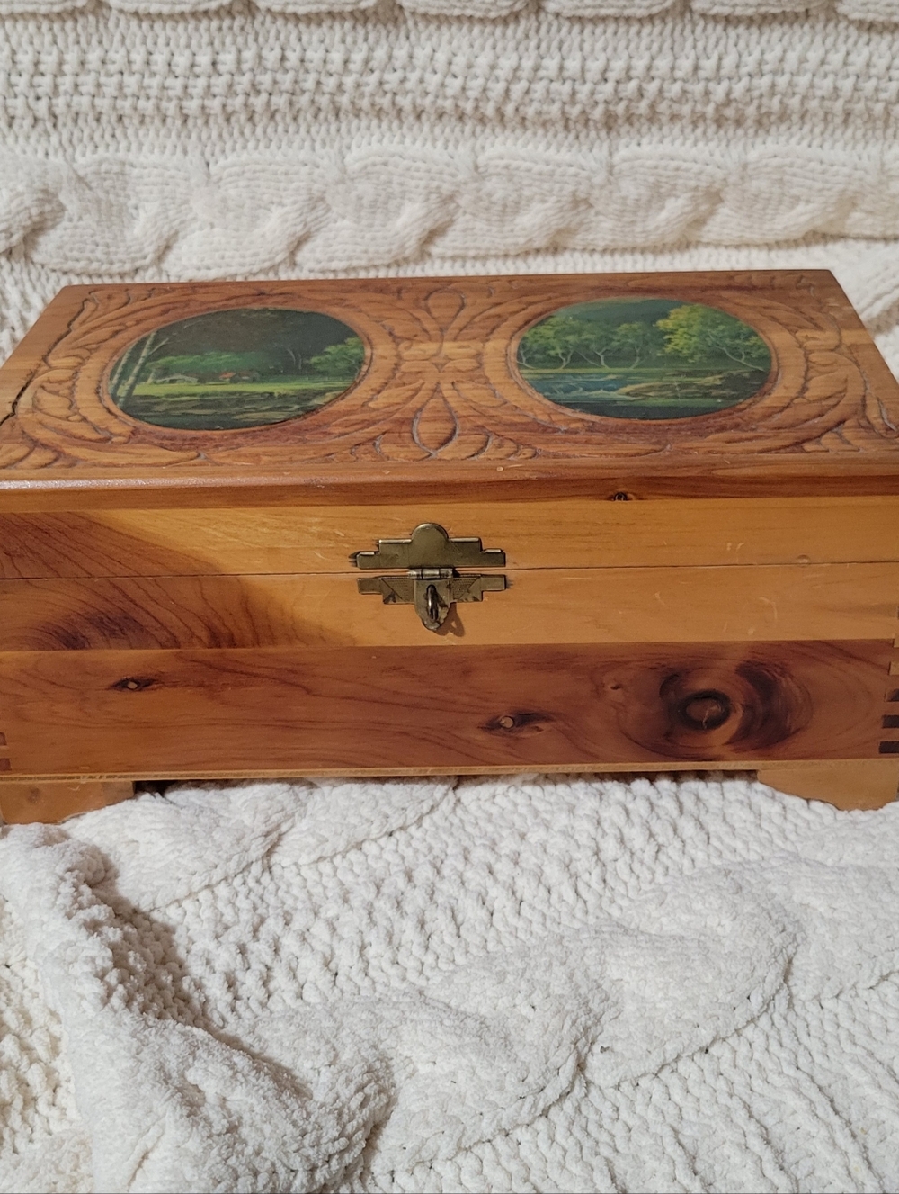 Vintage 1940's Italian Dovetail Carved Cedar Chest Jewelry Box Mirror 10.5 Inch